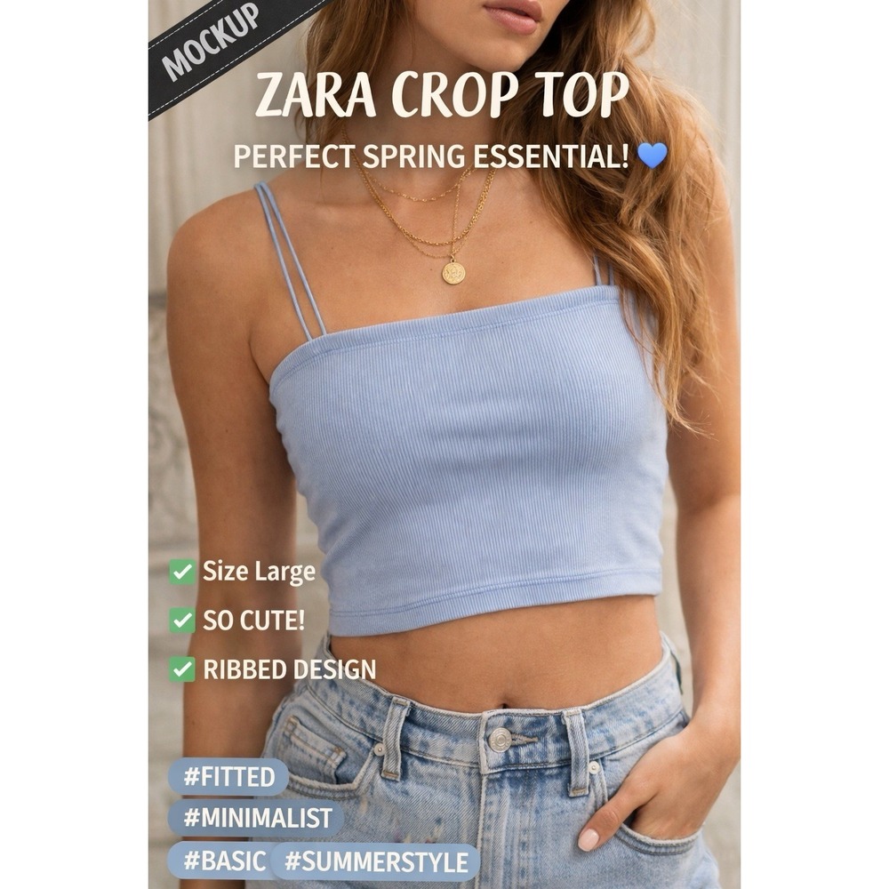 ZARA Blue Ribbed Crop Top Size Large Double Strap Fitted Tank Spring‎ Summer